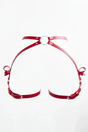 Kırmızı Suni Deri Bacak Harness Gümüş Halka ve Fiyonk Detaylı