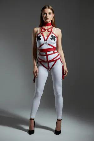Red Faux Leather Full Body Harness with Choker and Side Tassels