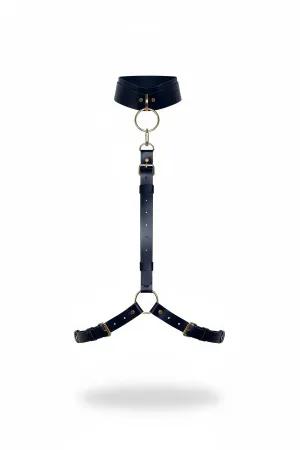 Black faux leather choker neck body harness with gold-tone O-ring and adjustable straps