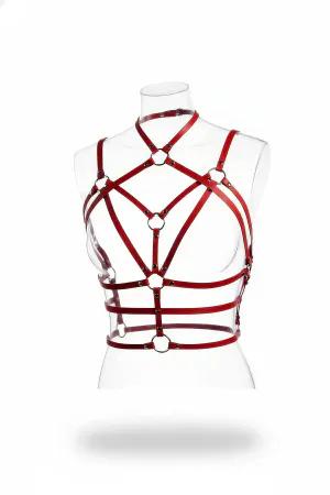 Red Faux Leather Caged Body Harness with Choker and Multi O-Rings on Mannequin
