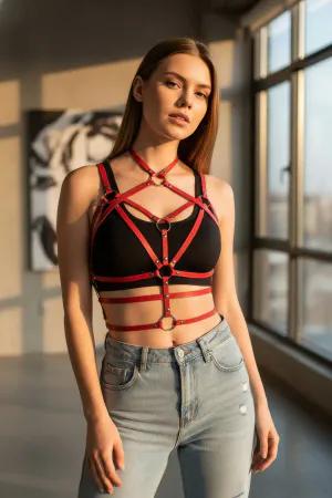 Red Faux Leather Body Harness with O-Ring Details Worn over Black Top