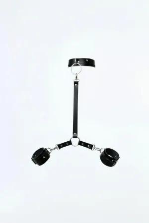 Black Faux Leather Tri-Point Harness with Neck Collar and Wrist Cuffs Adjustable Buckles