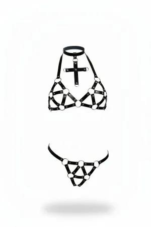 Black Faux Leather Caged Harness Bra Thong Set with Cross Detail