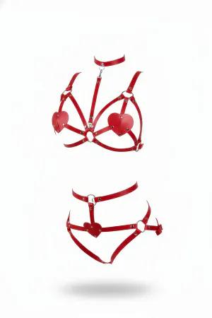 Red Vegan Leather Heart Detail Harness Bra and Garter Set with Silver Hardware