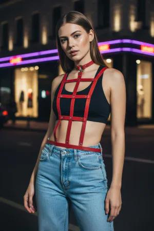 Red Faux Leather Caged Chest Harness & Choker Set Worn by Woman