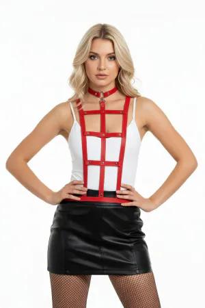 Red Faux Leather Caged Body Harness Women Choker Collar Adjustable Straps