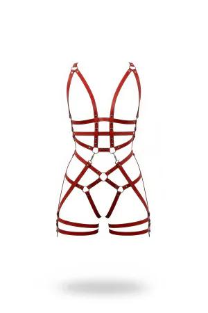 Red Faux Leather Full Body Harness Women Intricate Strappy O-Ring Design