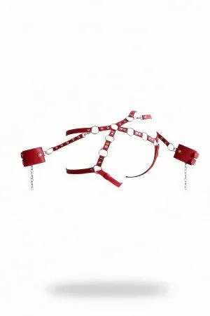 Red Faux Leather Body Harness with O-Ring Details and Detachable Chains