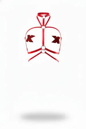Red Vegan Leather X-Shape Bust Body Harness with Choker Collar Silver Hardware