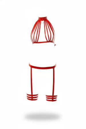 Red Caged Harness Bra and Garter Leg Set Faux Leather Adjustable Straps