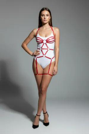 Red Faux Leather Strappy Body Harness with O-Ring and Garter Detail