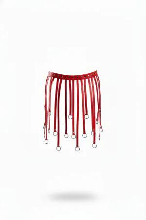 Red Faux Leather Fringe Skirt with Metal O-Rings
