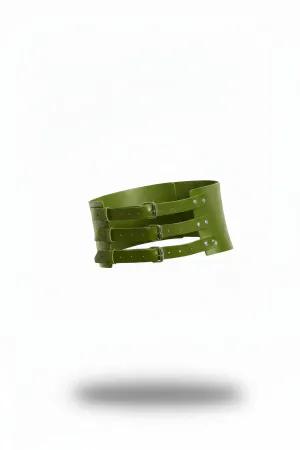 Wide Olive Faux Leather Underbust Waspie Belt with Three Buckles