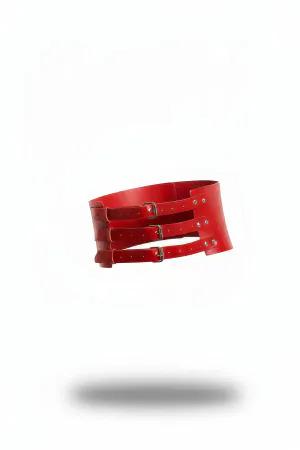 Red Faux Leather Waspie Waist Harness with Three Buckles
