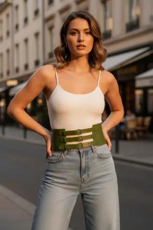 Olive Faux Leather Triple Buckle Waist Cincher Harness Belt, worn over light wash jeans