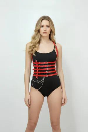 Red Faux Leather Multi-Strap Corset Body Harness with Detachable Chain