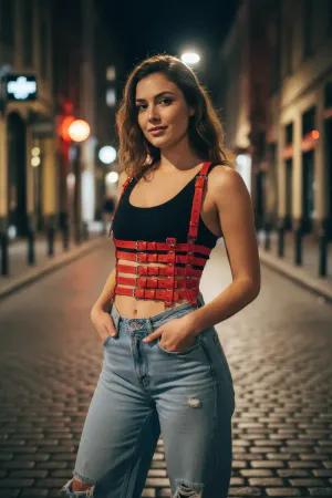 Red Faux Leather Caged Body Harness Women Multi-Buckle Straps