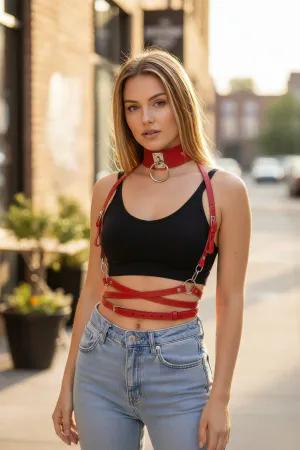 Red Faux Leather Body Harness with O-Ring Choker and Waist Straps on Woman