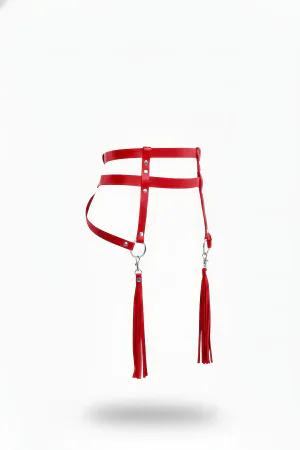 Red Faux Leather Waist Harness with Detachable Tassels Silver Hardware