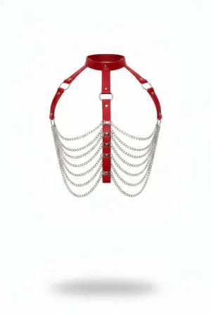 Red Faux Leather Choker Harness with Draping Silver Chains