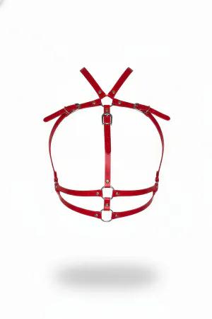 Red Faux Leather Chest Harness with Silver O-Rings and Adjustable Buckles