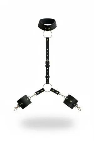 Black faux leather collar and wrist cuffs body harness set