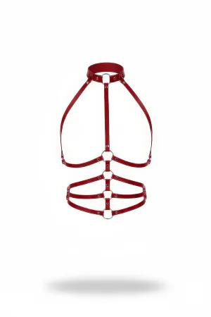 Red Faux Leather Caged Body Harness High Neck Silver O-Rings