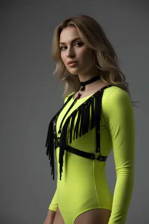 Black Fringed Faux Leather Body Harness with Choker Detail Adjustable Straps