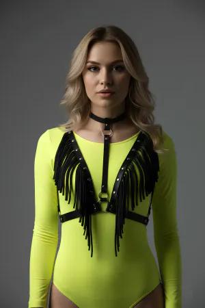 Black Fringed Faux Leather Body Harness with Choker Detail Adjustable Straps