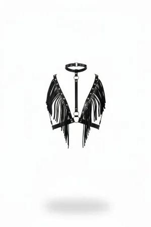 Black Fringed Faux Leather Bust Harness with O-Ring Choker