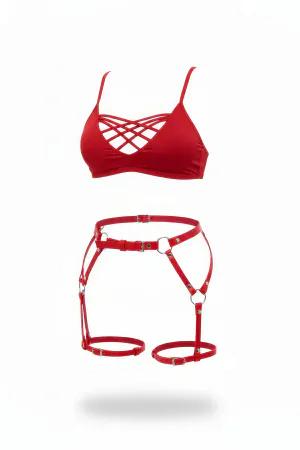 Red Faux Leather Garter Harness Adjustable Straps Silver O-Rings Buckle Closures Fashion Accessory