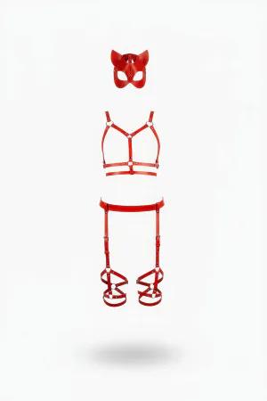 Red Faux Leather Body Harness Set Cat Mask Garter