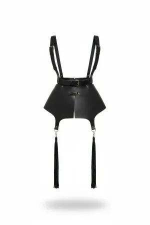Siyah Suni Deri Püsküllü Omuz Askılı Mini Etek Harness