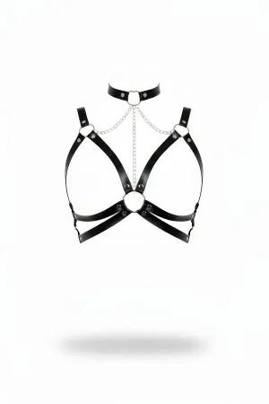 Black Faux Leather Chest Harness with Choker and Chain Detail