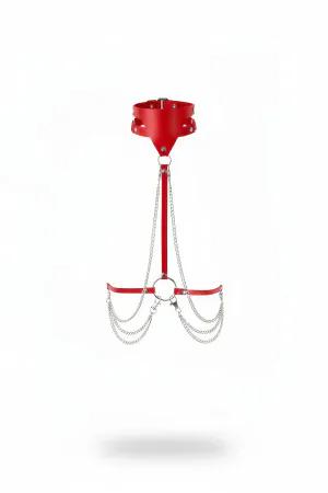Red Faux Leather Choker Body Harness with Draped Silver Chains