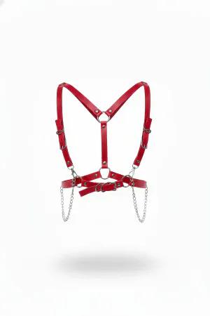 Red Faux Leather Chest Harness Adjustable O-Ring Straps Detachable Silver Chains