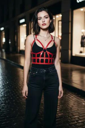 Red Faux Leather Caged Chest Harness O-Ring Detail