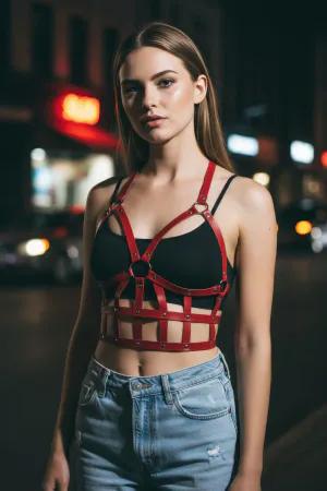 Red Faux Leather Caged Chest Harness O-Ring Detail