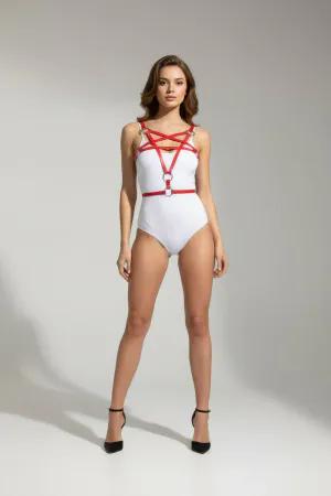 Red Faux Leather Cross-Strap Body Harness Lingerie with Silver O-Rings