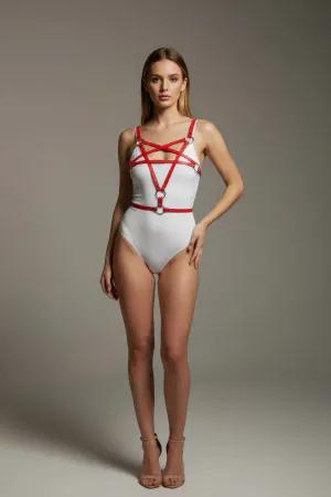 Red Faux Leather Cross-Strap Body Harness Lingerie with Silver O-Rings