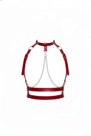 Red Faux Leather Choker Harness with Draped Silver Chains and Dual Underbust Bands