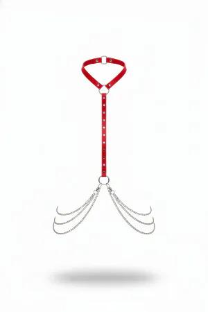 Red Faux Leather Choker Harness Women Cascading Silver Chains Front View