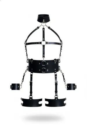 Black Vegan Leather Full Body Harness with Neck Collar, Cuffs, Chains