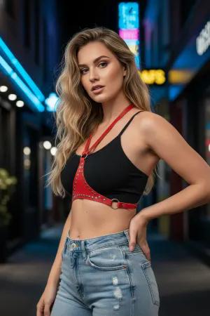 Red Studded Faux Leather Chest Harness with Front O-Ring Detail