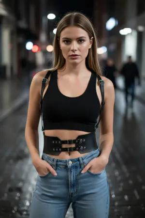 Black Faux Leather Corset Belt with Shoulder Harness and Double Buckles