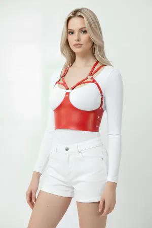 Red Faux Leather Panel Chest Harness with Silver O-Rings