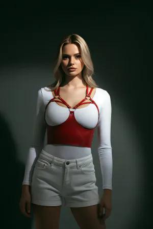 Red Faux Leather Panel Chest Harness with Silver O-Rings