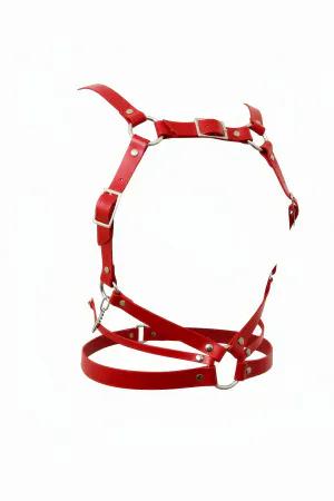 Red Faux Leather Body Harness Women Adjustable Straps Silver O-Rings