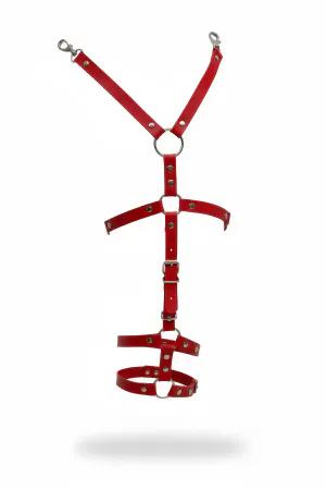 Red Faux Leather Full Body Harness with Adjustable Straps and Metal Hardware