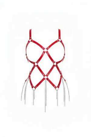 Kırmızı Suni Deri Body Harness Püskül Detaylı Metal Halka Detaylı